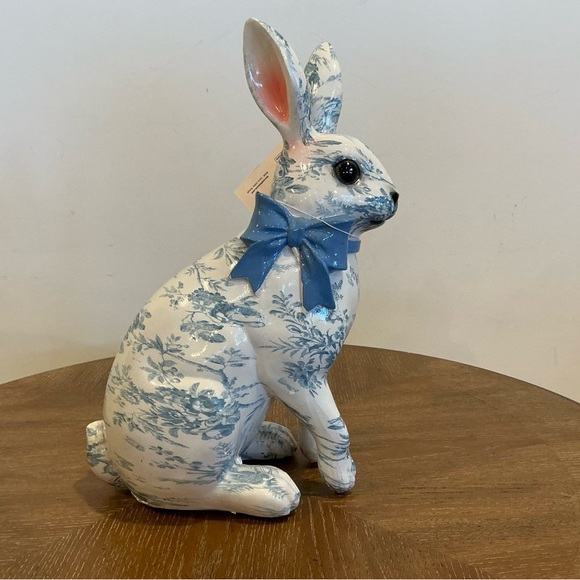 Ceramic Easter Bunny Figurine Blue Toile Pattern with Bow Ribbon - Picture 2 of 5